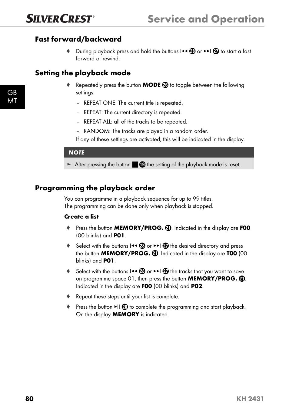 Service and operation, Gb mt fast forward/backward, Setting the playback mode | Programming the playback order | Silvercrest KH 2431 User Manual | Page 83 / 124