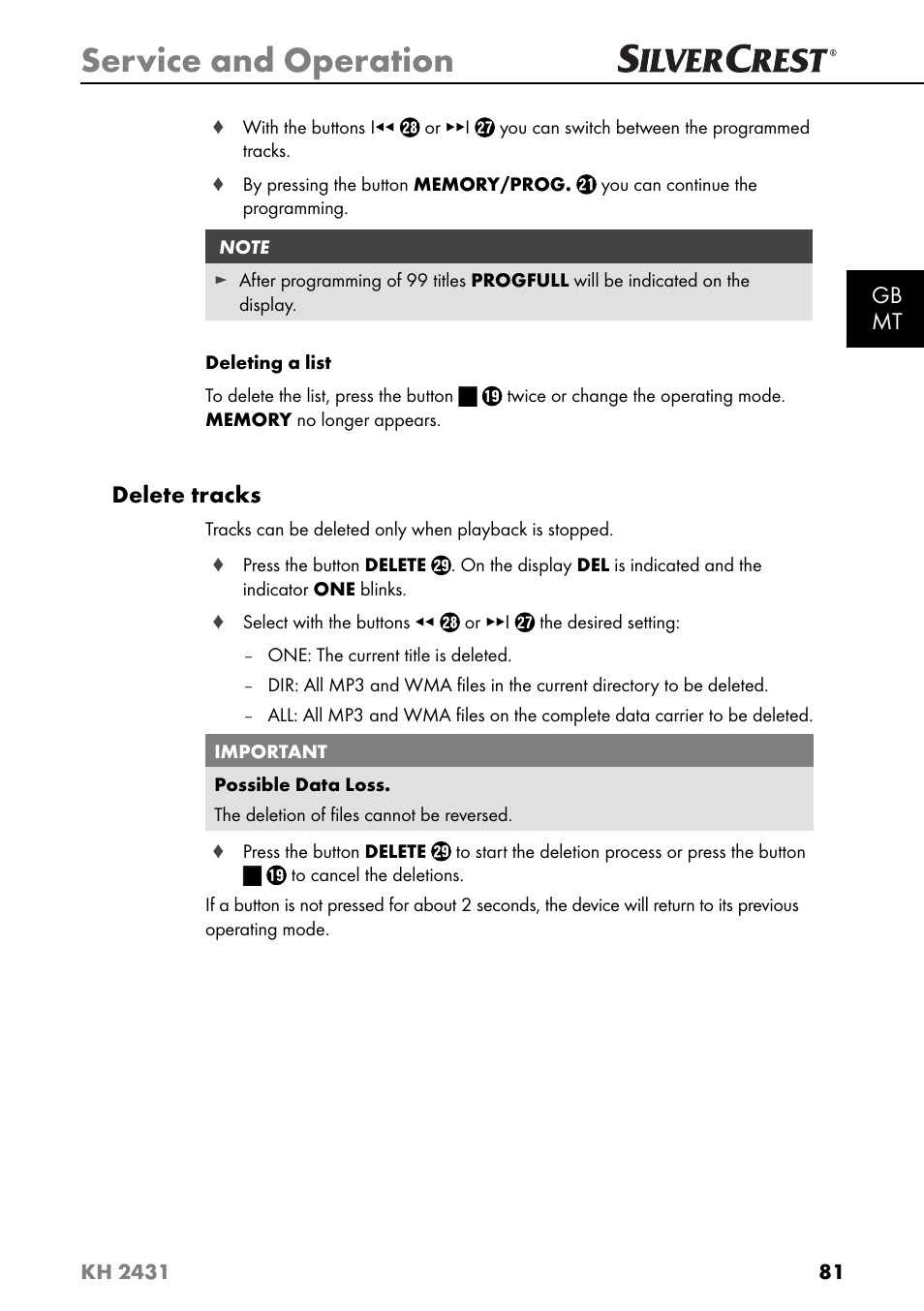 Service and operation, Gb mt, Delete tracks | Silvercrest KH 2431 User Manual | Page 84 / 124
