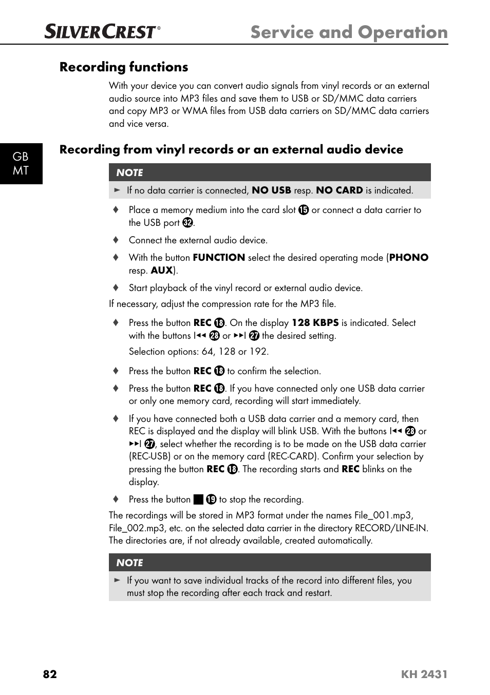 Service and operation, Recording functions, Gb mt | Silvercrest KH 2431 User Manual | Page 85 / 124