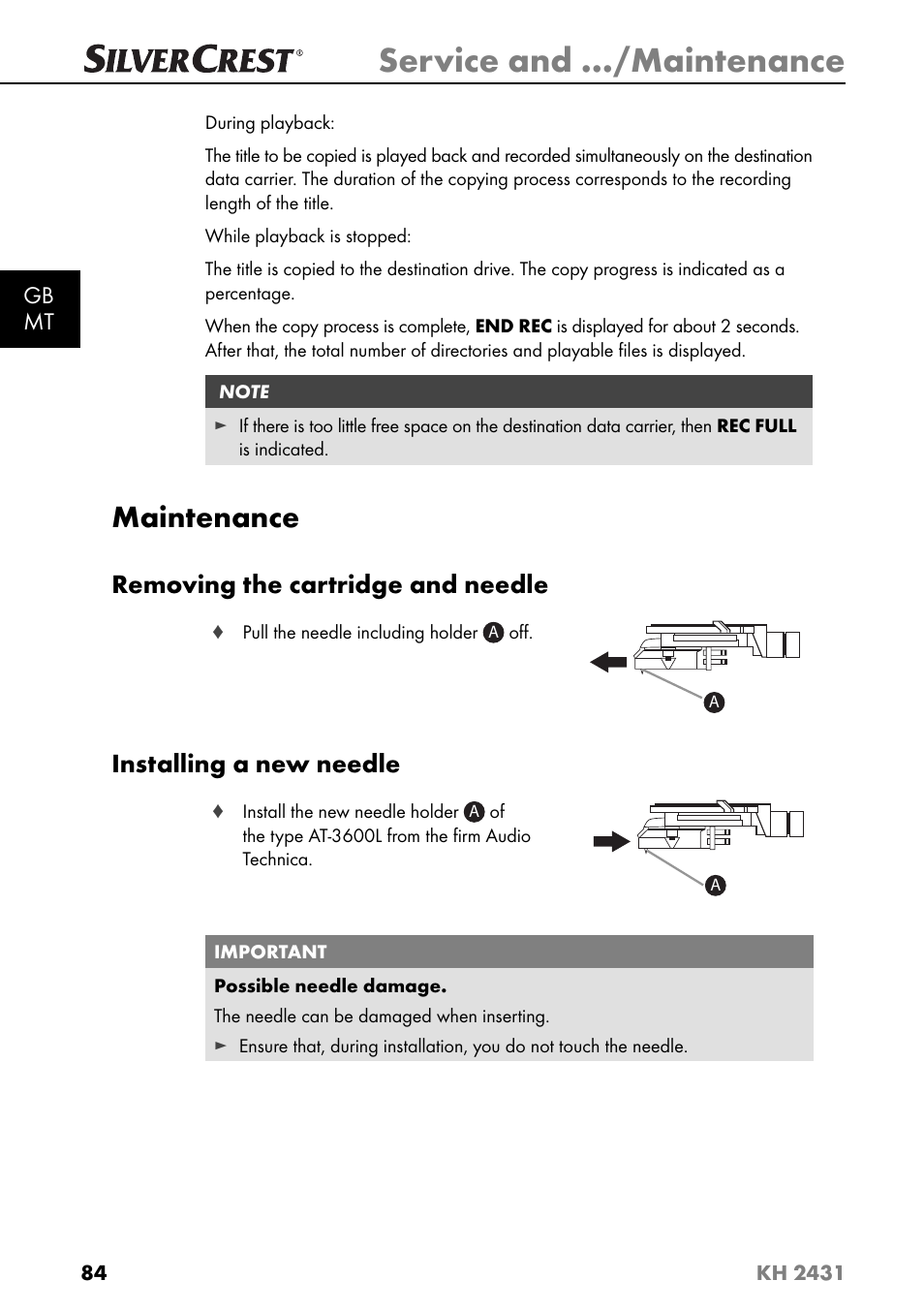 Service and …/maintenance, Maintenance, Removing the cartridge and needle | Installing a new needle | Silvercrest KH 2431 User Manual | Page 87 / 124