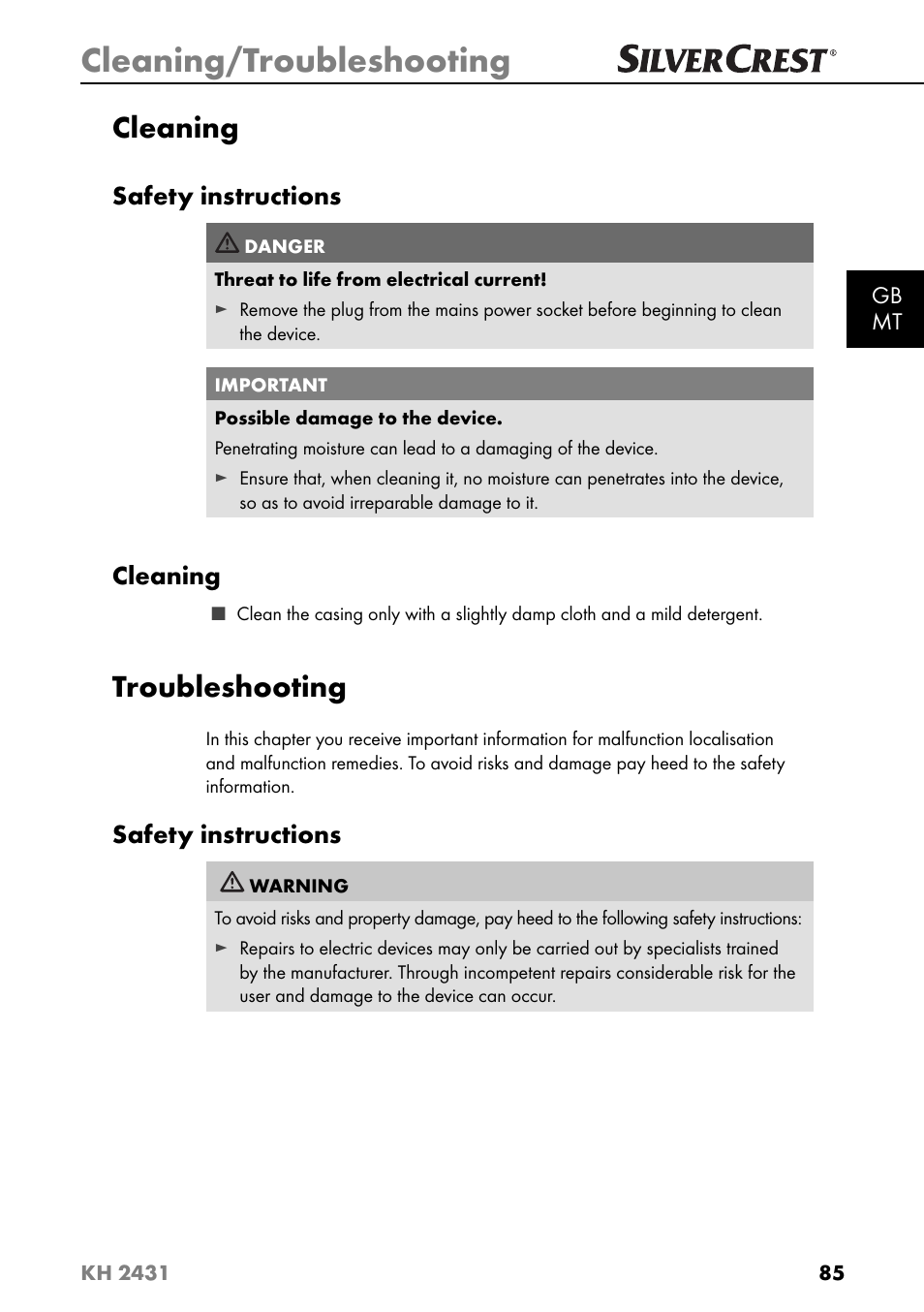 Cleaning/troubleshooting, Cleaning, Troubleshooting | Safety instructions | Silvercrest KH 2431 User Manual | Page 88 / 124