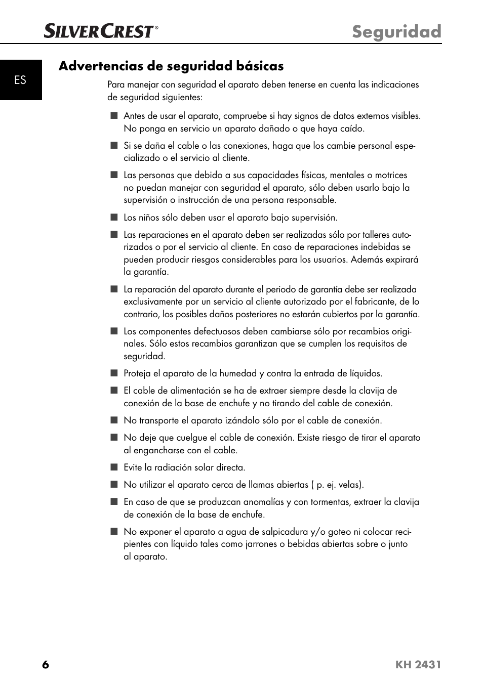 Seguridad, Advertencias de seguridad básicas | Silvercrest KH 2431 User Manual | Page 9 / 124