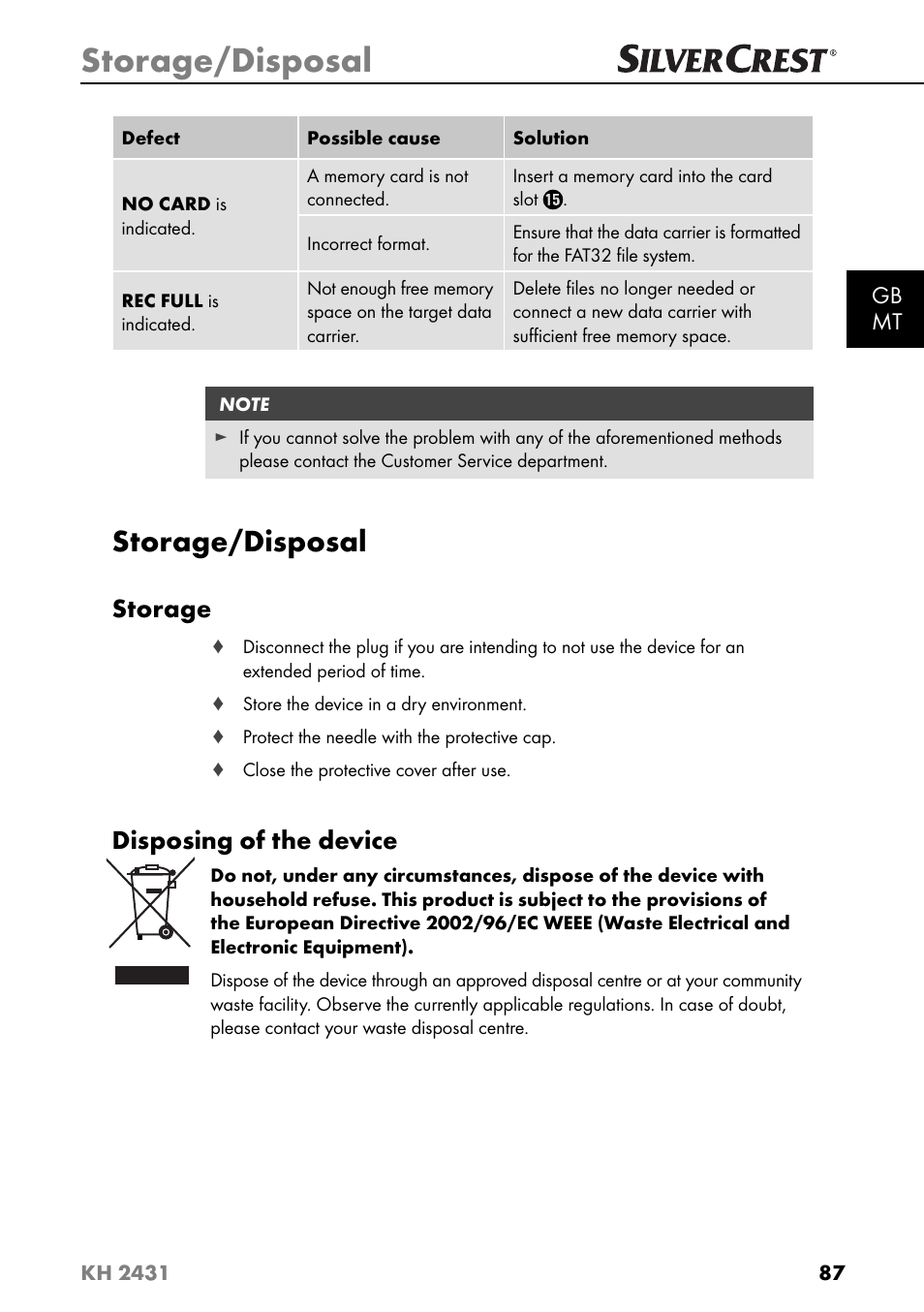 Storage/disposal, Storage, Disposing of the device | Silvercrest KH 2431 User Manual | Page 90 / 124