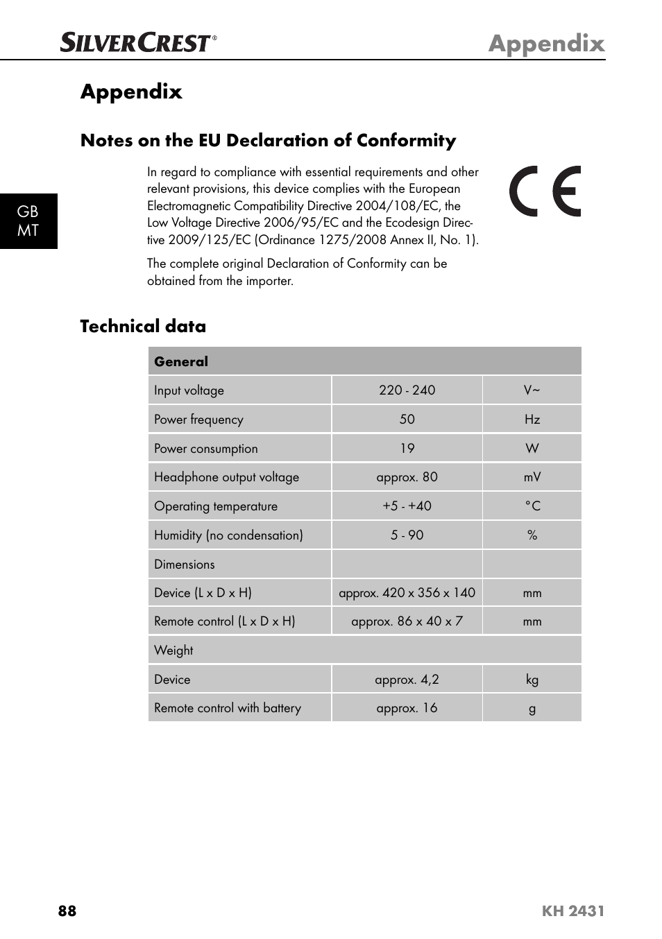 Appendix, Technical data | Silvercrest KH 2431 User Manual | Page 91 / 124