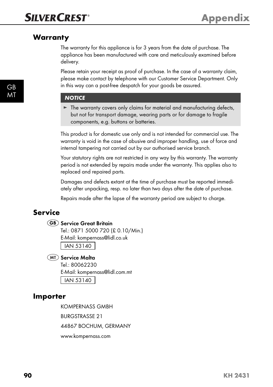Appendix, Warranty, Service | Importer | Silvercrest KH 2431 User Manual | Page 93 / 124
