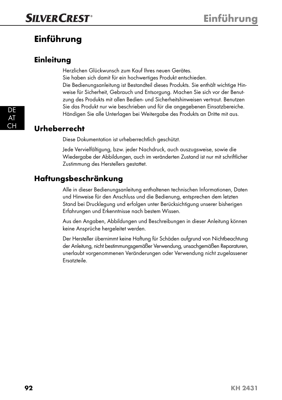 Einführung, Einleitung, Urheberrecht | Haftungsbeschränkung | Silvercrest KH 2431 User Manual | Page 95 / 124
