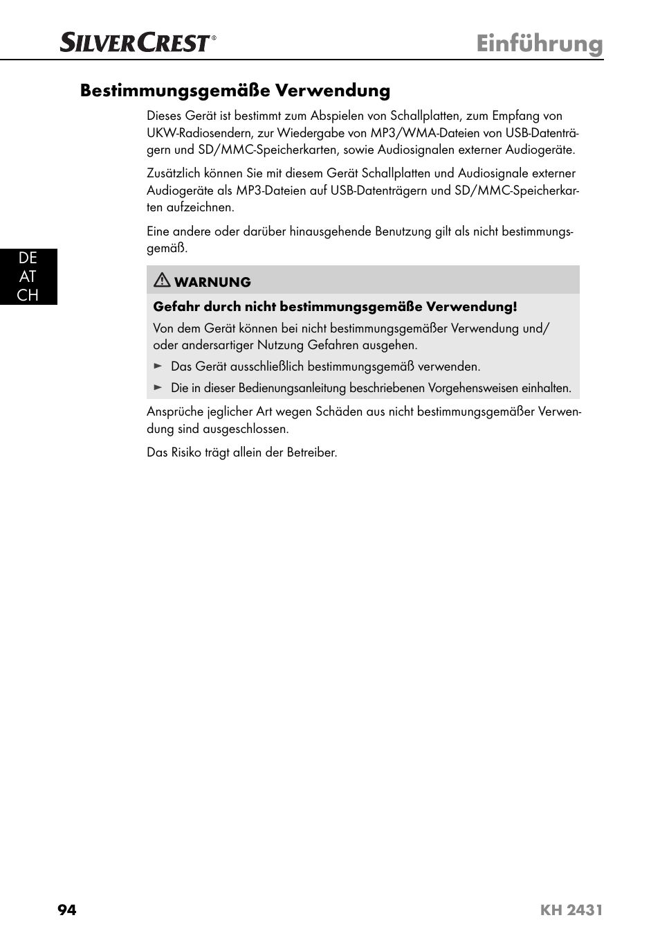 Einführung, Bestimmungsgemäße verwendung | Silvercrest KH 2431 User Manual | Page 97 / 124