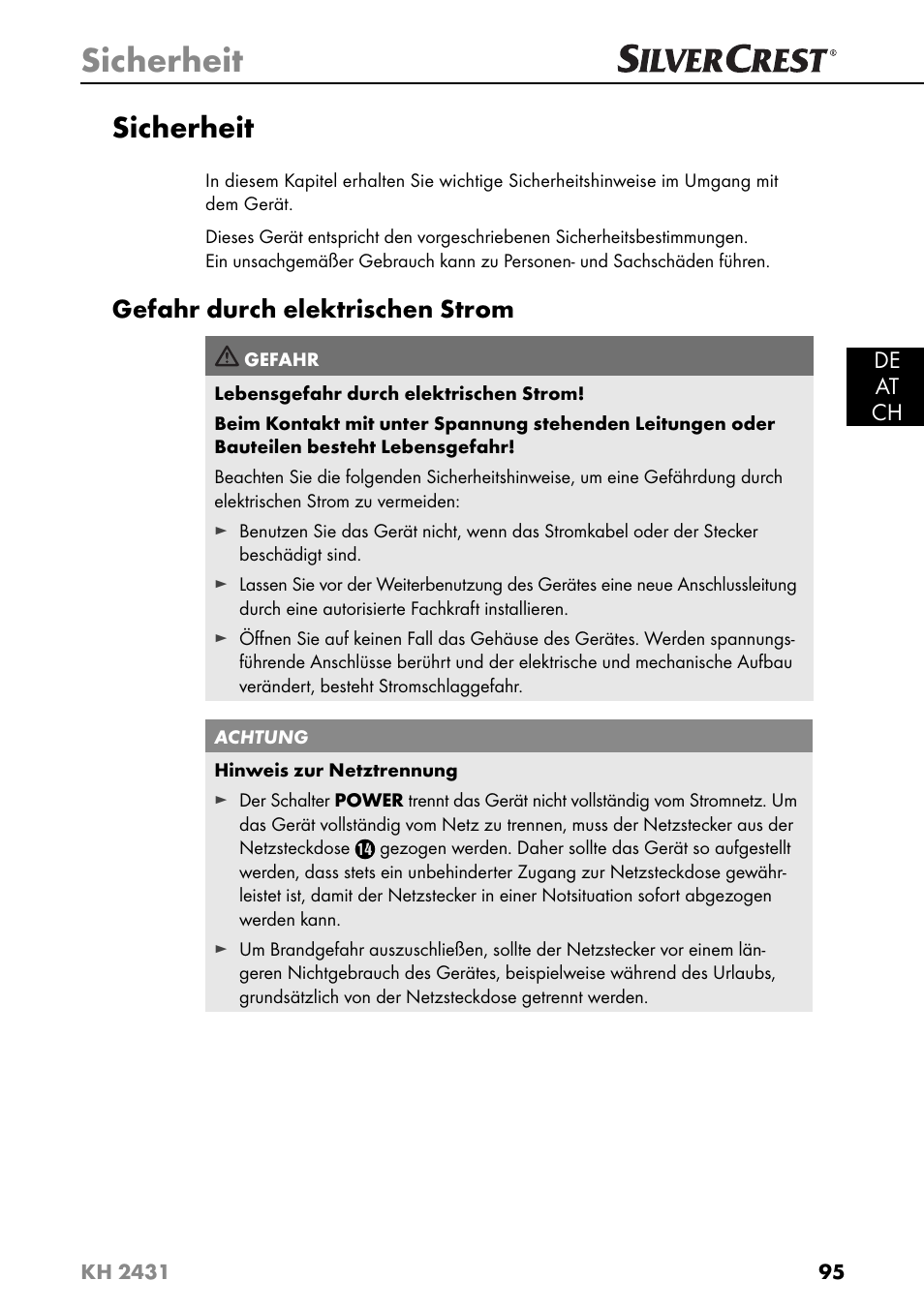 Sicherheit, Gefahr durch elektrischen strom | Silvercrest KH 2431 User Manual | Page 98 / 124