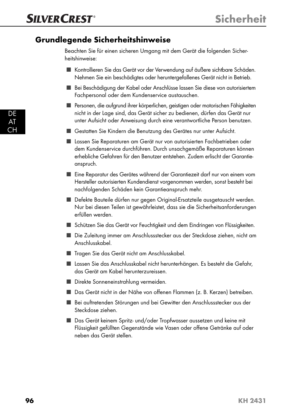 Sicherheit, Grundlegende sicherheitshinweise, De at ch | Silvercrest KH 2431 User Manual | Page 99 / 124