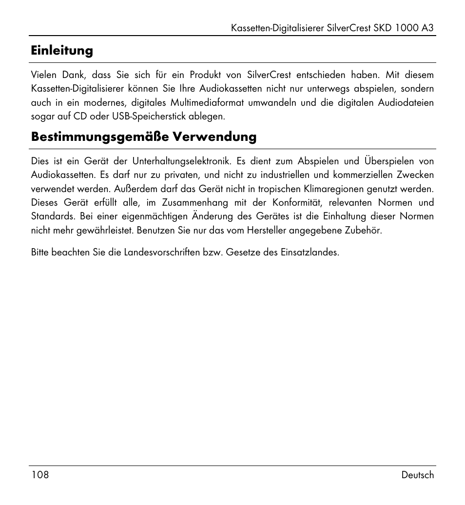 Einleitung, Bestimmungsgemäße verwendung | Silvercrest SKD 1000 A3 User Manual | Page 110 / 134