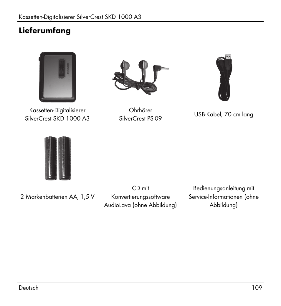 Lieferumfang | Silvercrest SKD 1000 A3 User Manual | Page 111 / 134