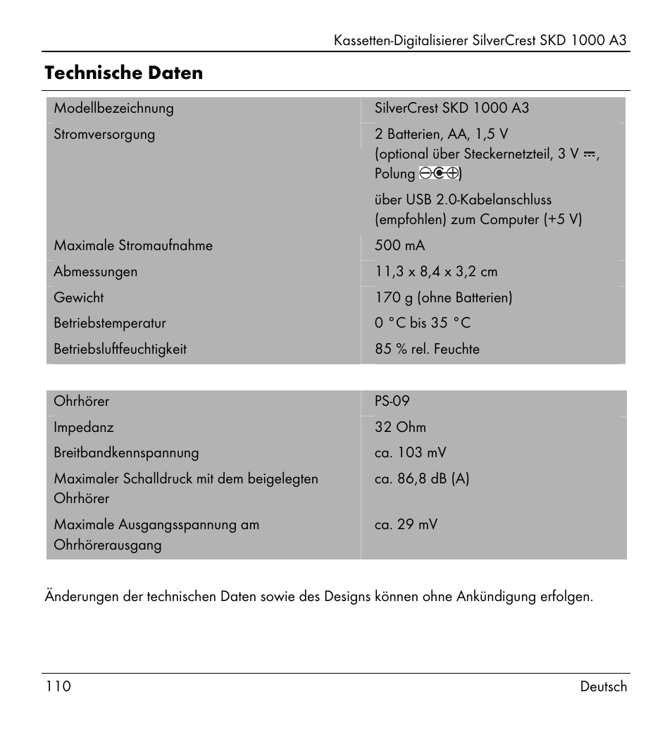 Technische daten | Silvercrest SKD 1000 A3 User Manual | Page 112 / 134