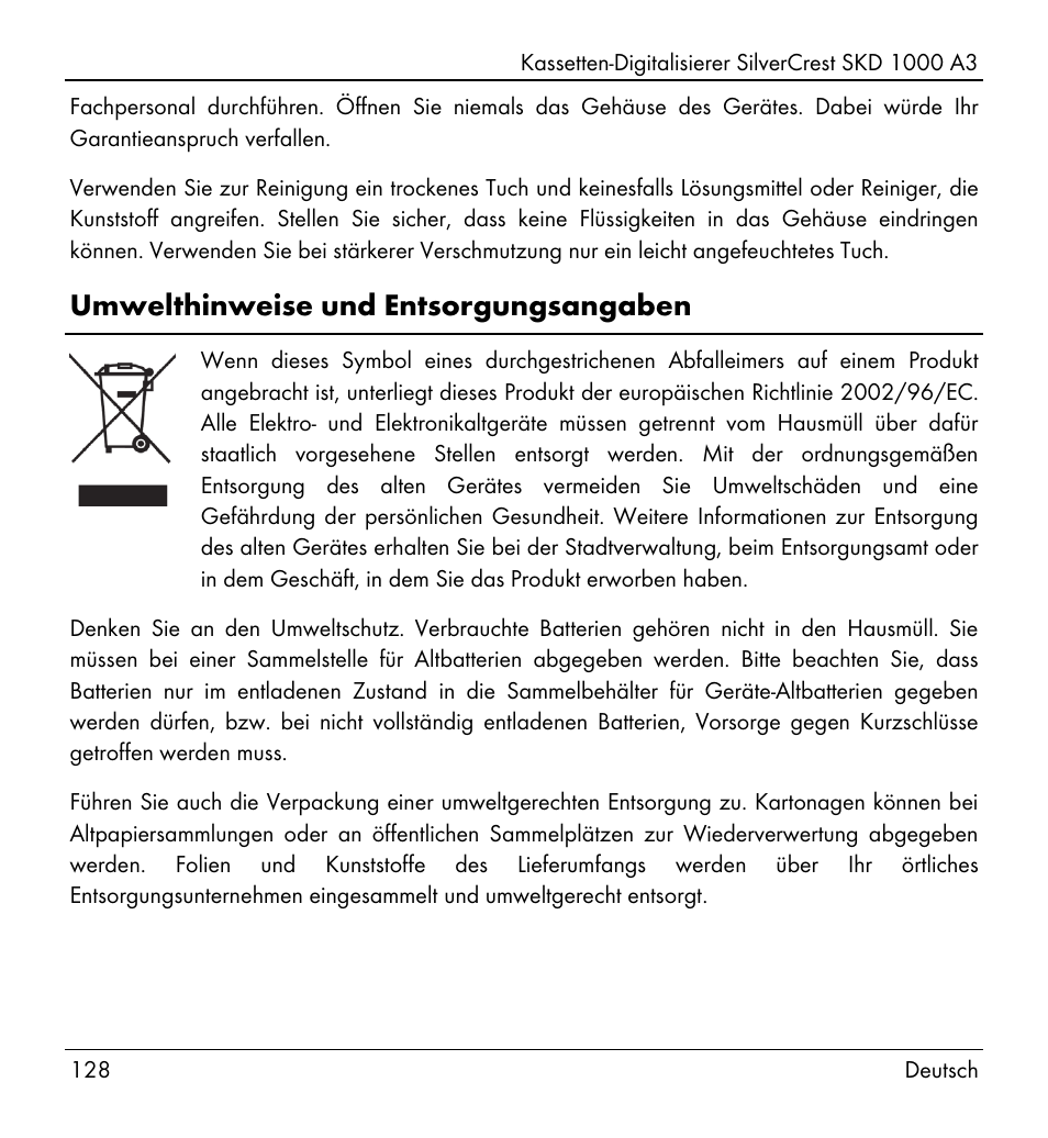 Umwelthinweise und entsorgungsangaben | Silvercrest SKD 1000 A3 User Manual | Page 130 / 134