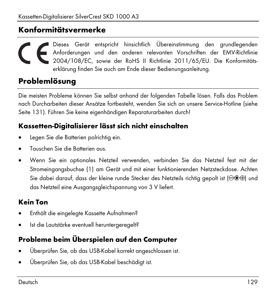 Konformitätsvermerke, Problemlösung | Silvercrest SKD 1000 A3 User Manual | Page 131 / 134