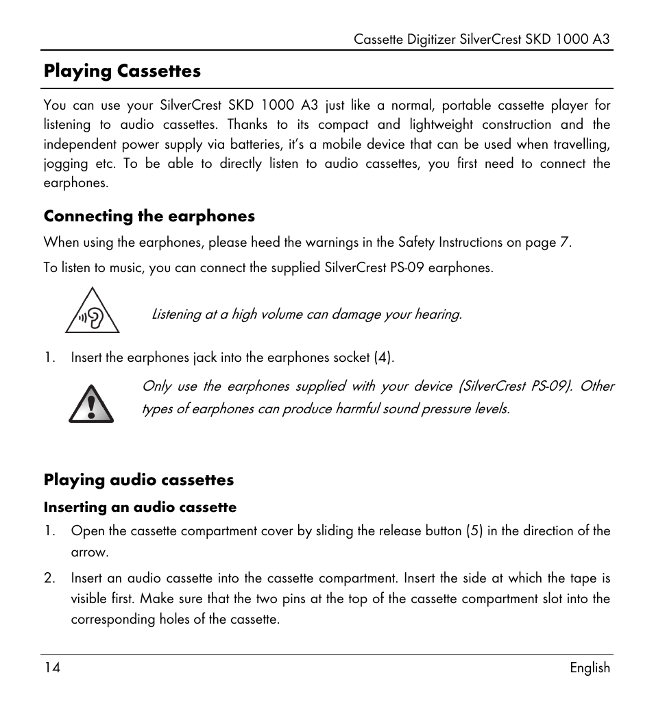 Playing cassettes | Silvercrest SKD 1000 A3 User Manual | Page 16 / 134