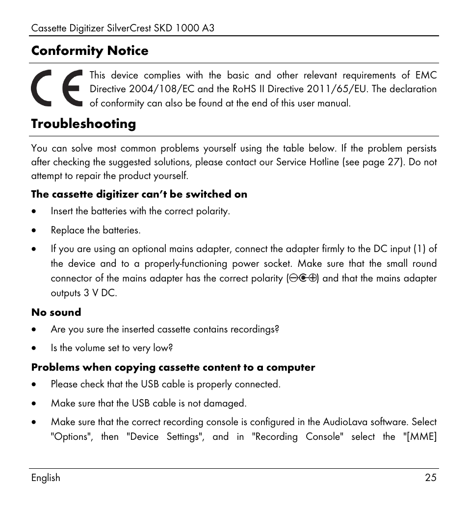 Conformity notice, Troubleshooting | Silvercrest SKD 1000 A3 User Manual | Page 27 / 134