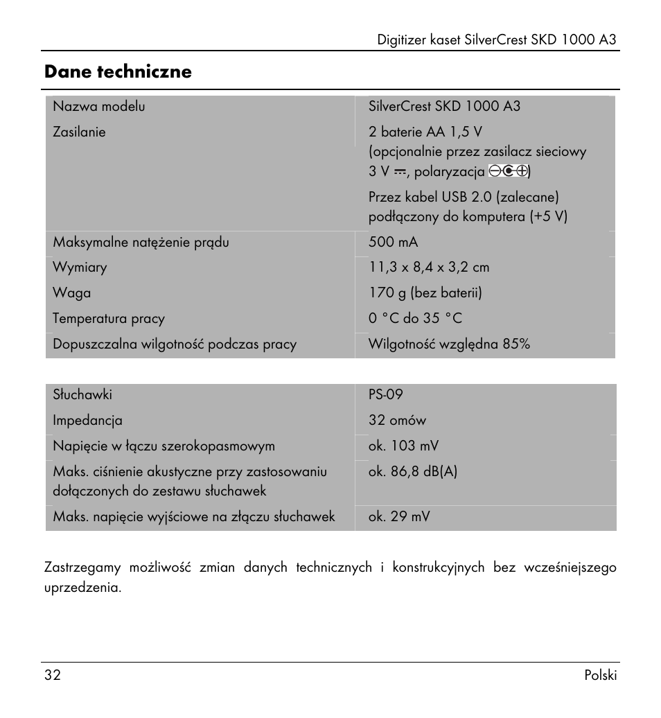 Dane techniczne | Silvercrest SKD 1000 A3 User Manual | Page 34 / 134