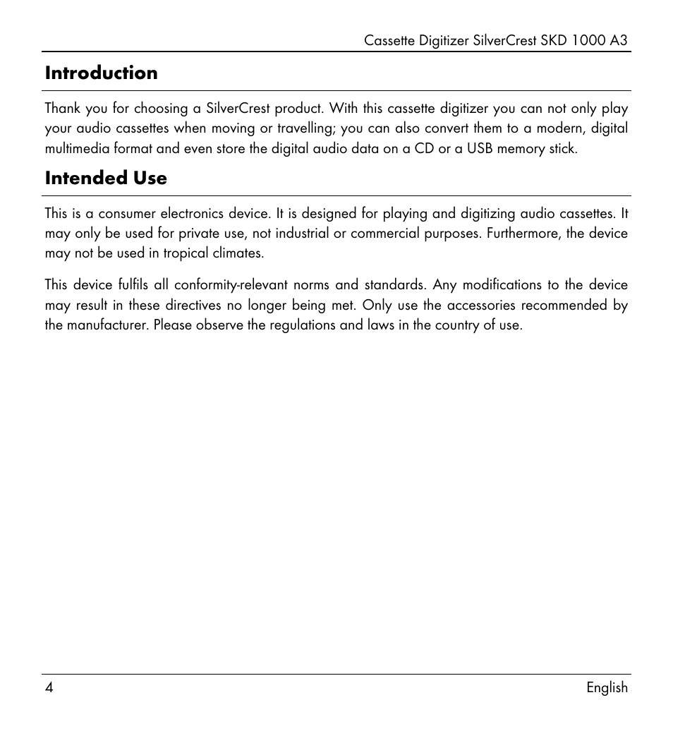 Introduction, Intended use | Silvercrest SKD 1000 A3 User Manual | Page 6 / 134