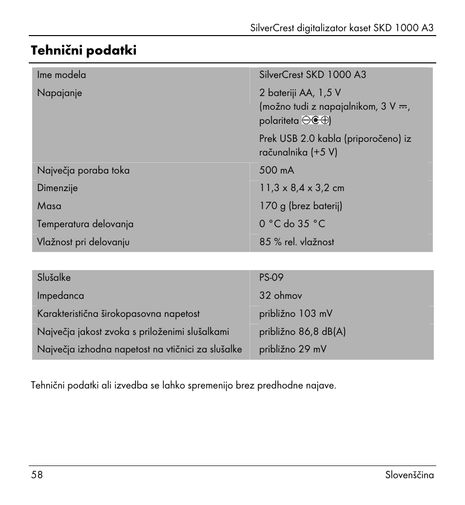 Tehnični podatki | Silvercrest SKD 1000 A3 User Manual | Page 60 / 134