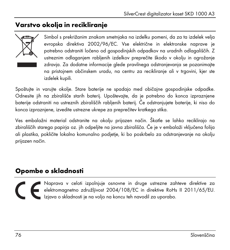 Varstvo okolja in recikliranje, Opombe o skladnosti | Silvercrest SKD 1000 A3 User Manual | Page 78 / 134