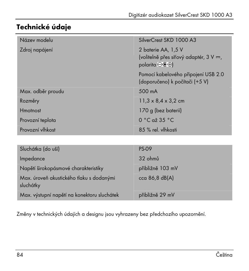 Technické údaje | Silvercrest SKD 1000 A3 User Manual | Page 86 / 134