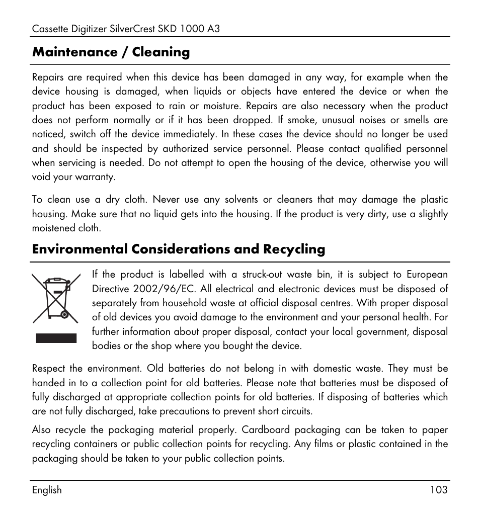 Maintenance / cleaning, Environmental considerations and recycling | Silvercrest SKD 1000 A3 User Manual | Page 105 / 110