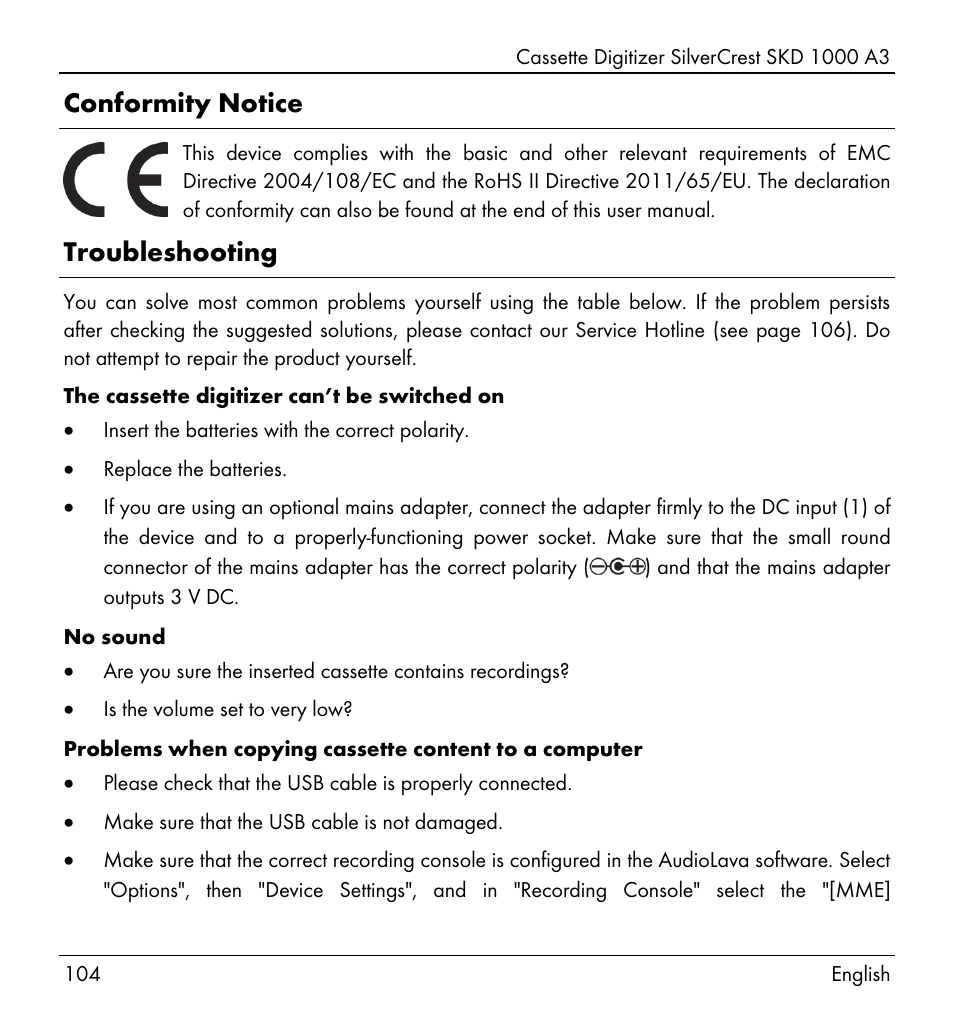 Conformity notice, Troubleshooting | Silvercrest SKD 1000 A3 User Manual | Page 106 / 110