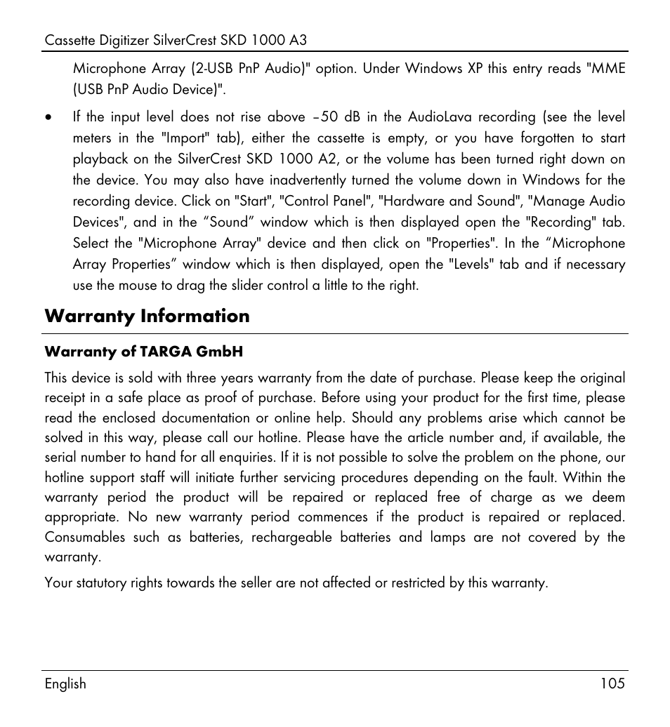 Warranty information | Silvercrest SKD 1000 A3 User Manual | Page 107 / 110