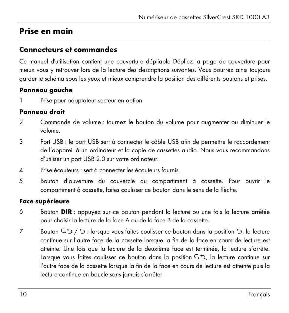 Prise en main | Silvercrest SKD 1000 A3 User Manual | Page 12 / 110