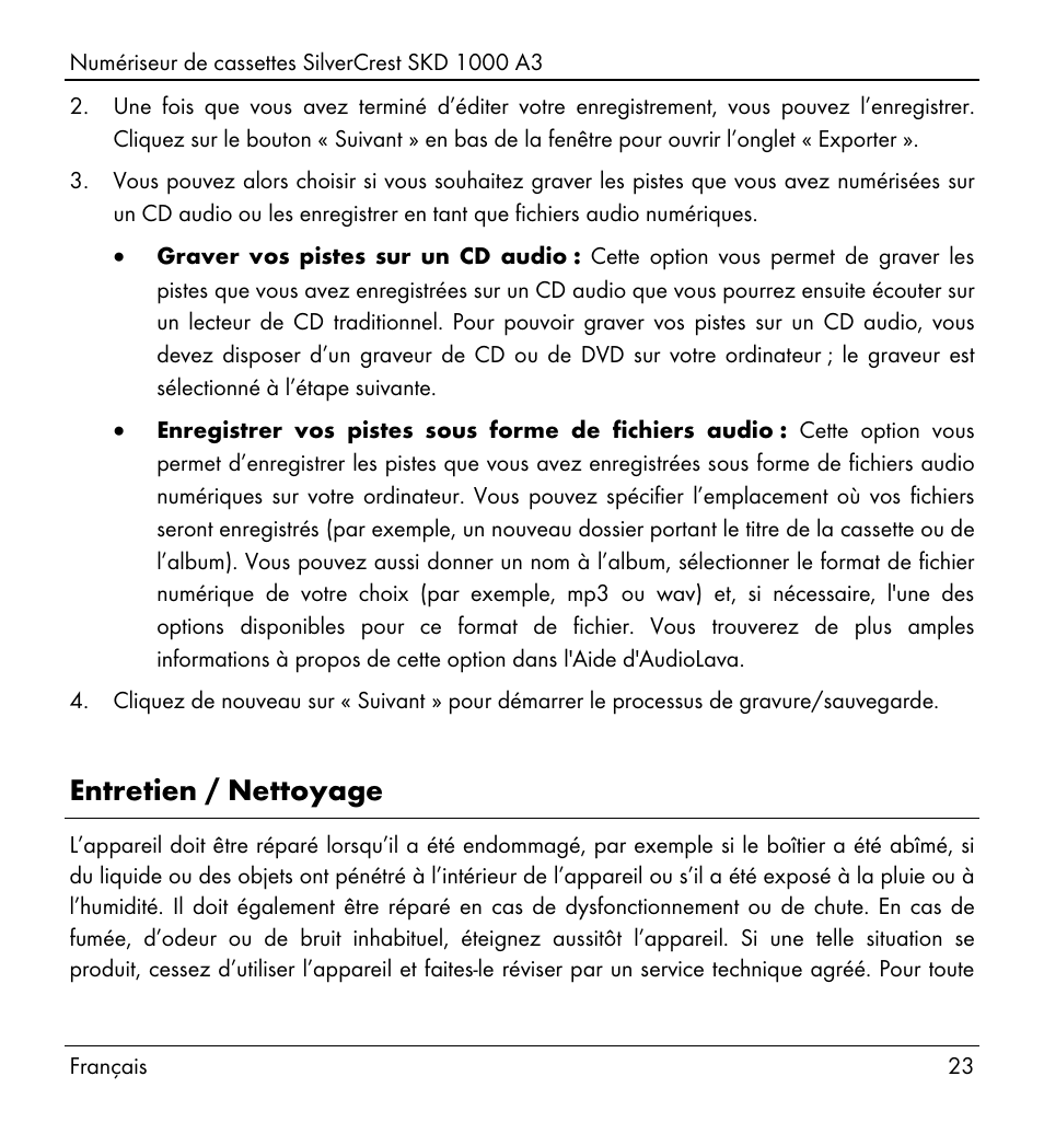 Entretien / nettoyage | Silvercrest SKD 1000 A3 User Manual | Page 25 / 110