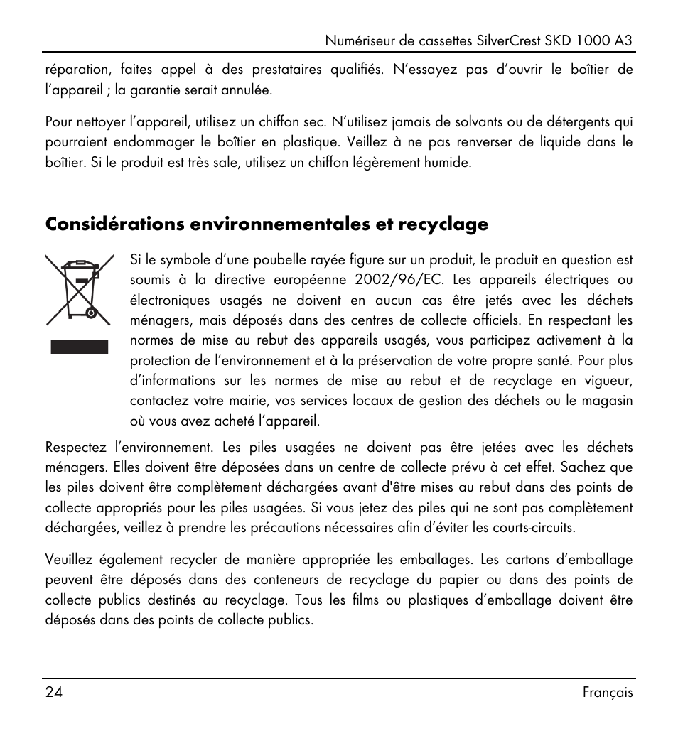 Considérations environnementales et recyclage | Silvercrest SKD 1000 A3 User Manual | Page 26 / 110