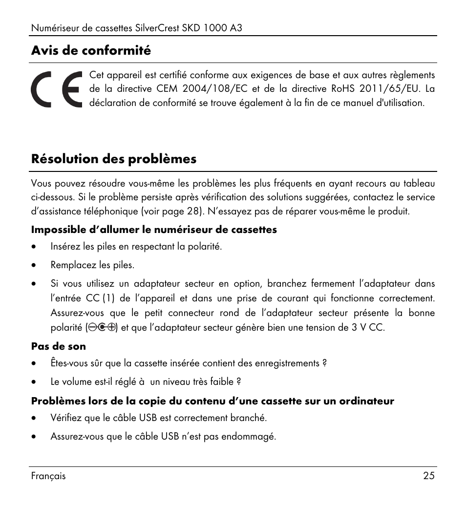 Avis de conformité, Résolution des problèmes | Silvercrest SKD 1000 A3 User Manual | Page 27 / 110
