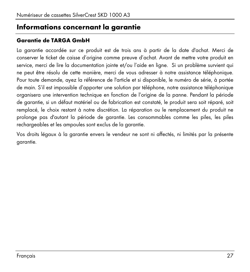 Informations concernant la garantie | Silvercrest SKD 1000 A3 User Manual | Page 29 / 110