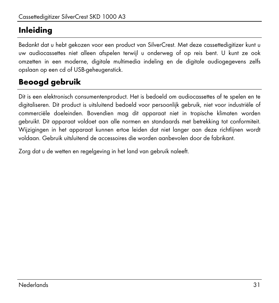Inleiding, Beoogd gebruik | Silvercrest SKD 1000 A3 User Manual | Page 33 / 110