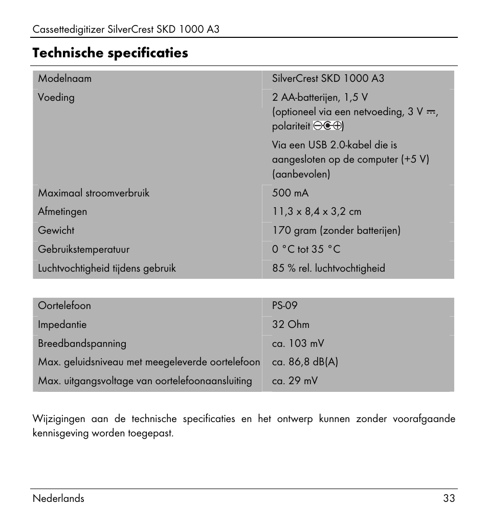 Technische specificaties | Silvercrest SKD 1000 A3 User Manual | Page 35 / 110