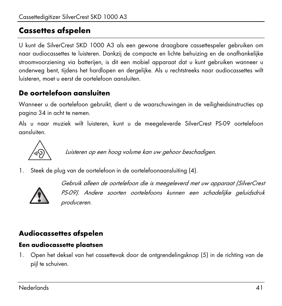 Cassettes afspelen | Silvercrest SKD 1000 A3 User Manual | Page 43 / 110