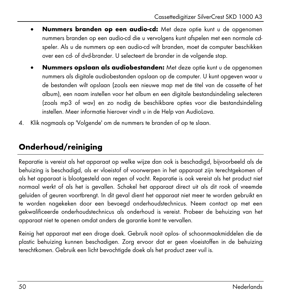 Onderhoud/reiniging | Silvercrest SKD 1000 A3 User Manual | Page 52 / 110