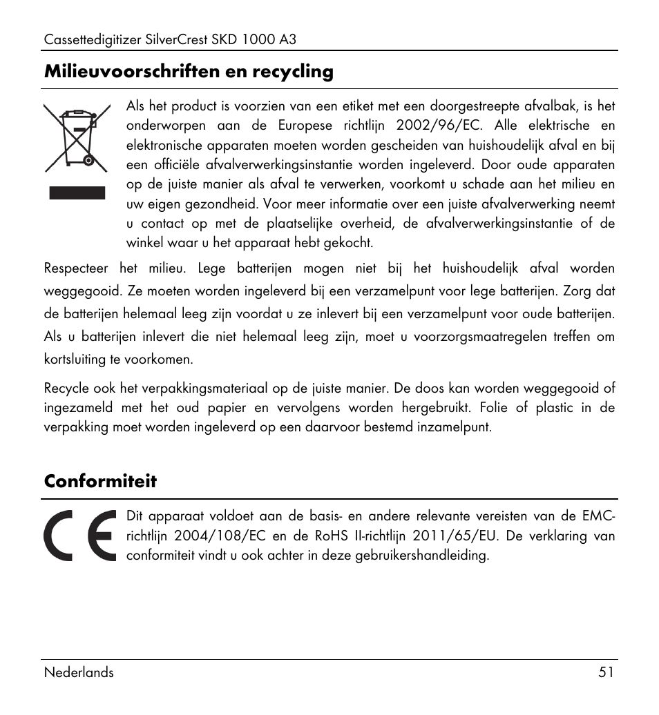 Milieuvoorschriften en recycling, Conformiteit | Silvercrest SKD 1000 A3 User Manual | Page 53 / 110
