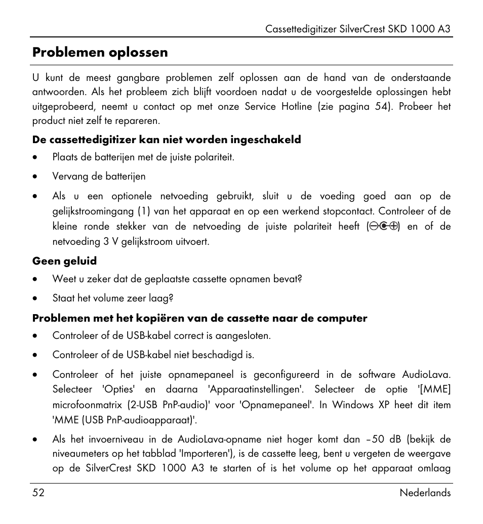 Problemen oplossen | Silvercrest SKD 1000 A3 User Manual | Page 54 / 110