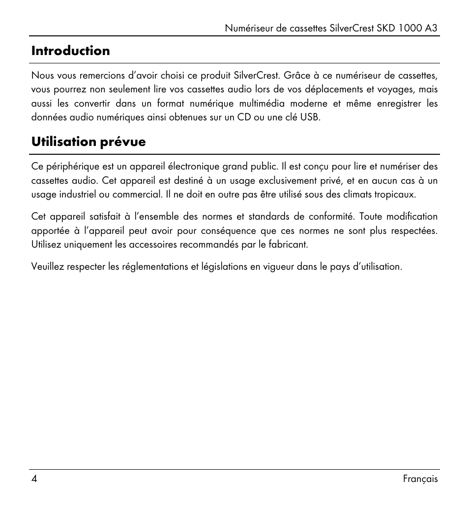 Introduction, Utilisation prévue | Silvercrest SKD 1000 A3 User Manual | Page 6 / 110