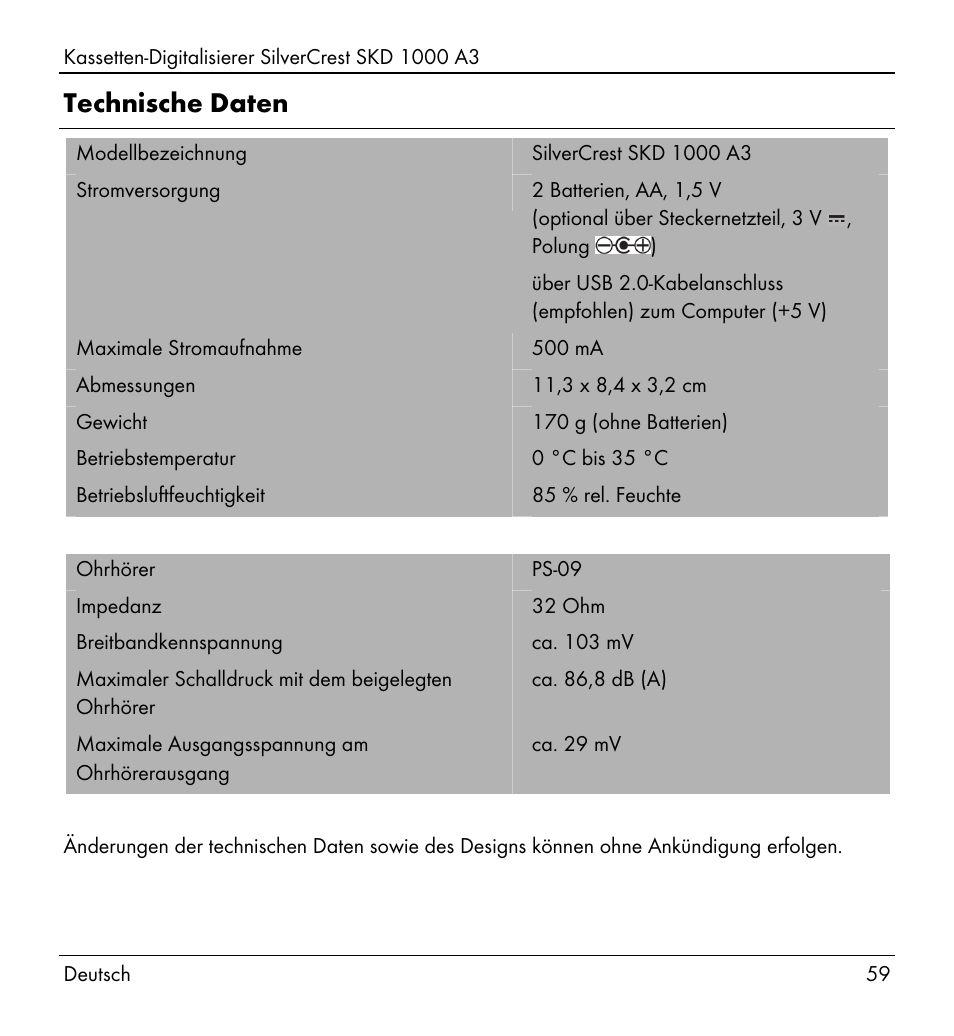 Technische daten | Silvercrest SKD 1000 A3 User Manual | Page 61 / 110