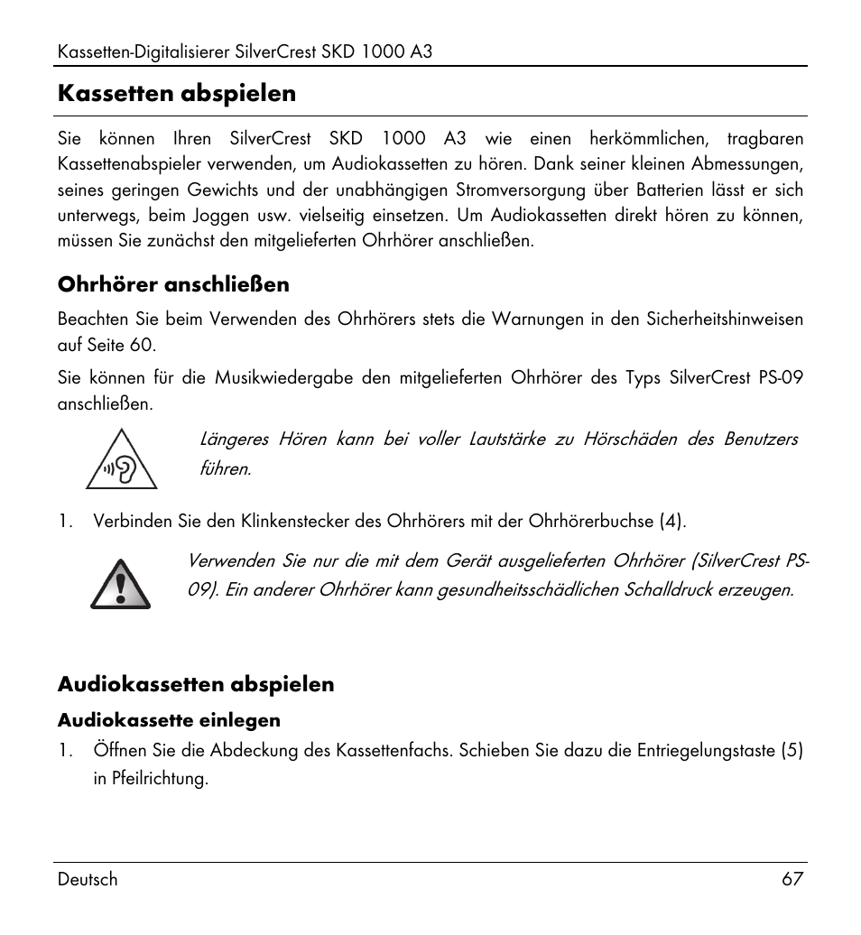 Kassetten abspielen | Silvercrest SKD 1000 A3 User Manual | Page 69 / 110