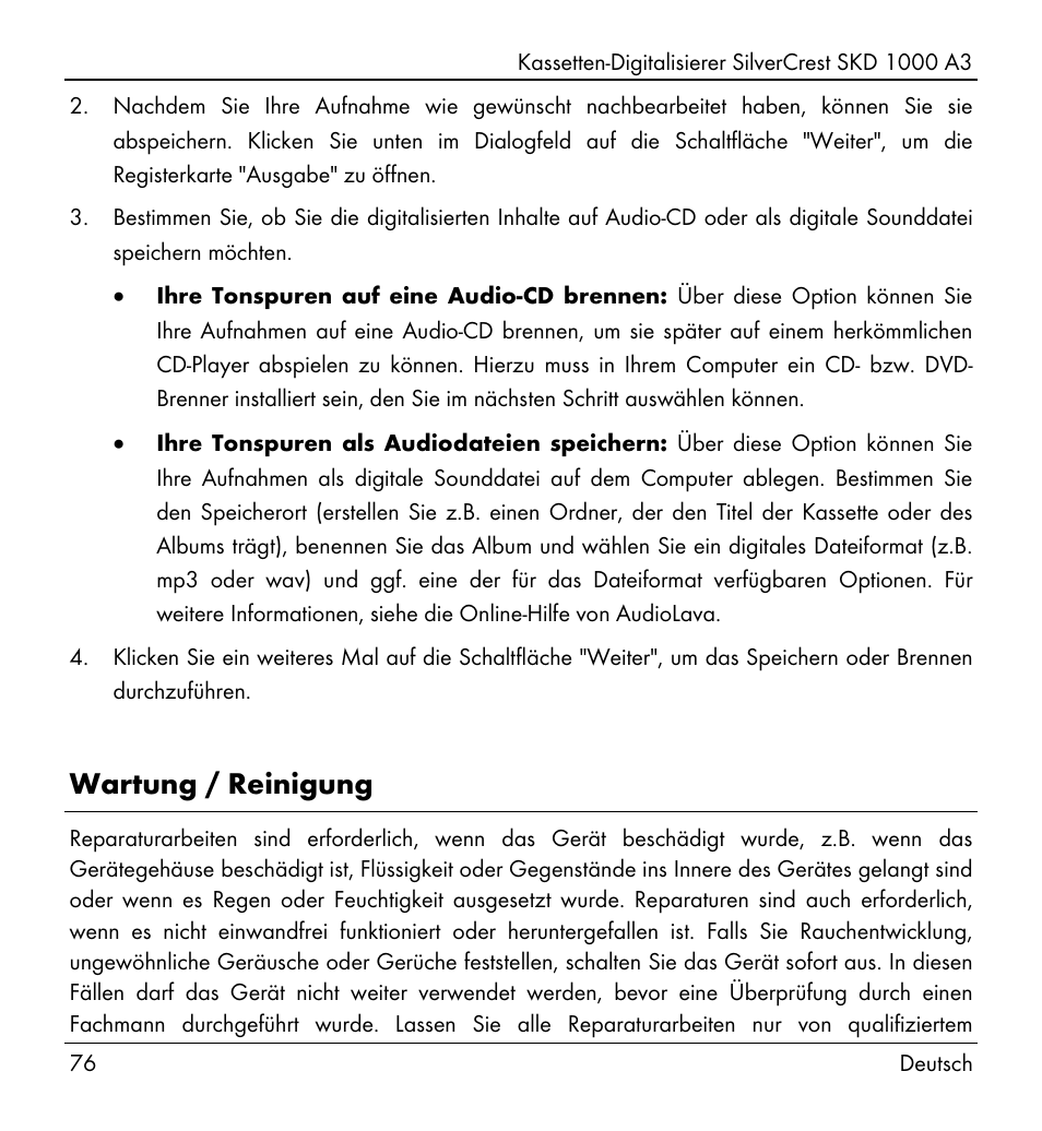 Wartung / reinigung | Silvercrest SKD 1000 A3 User Manual | Page 78 / 110