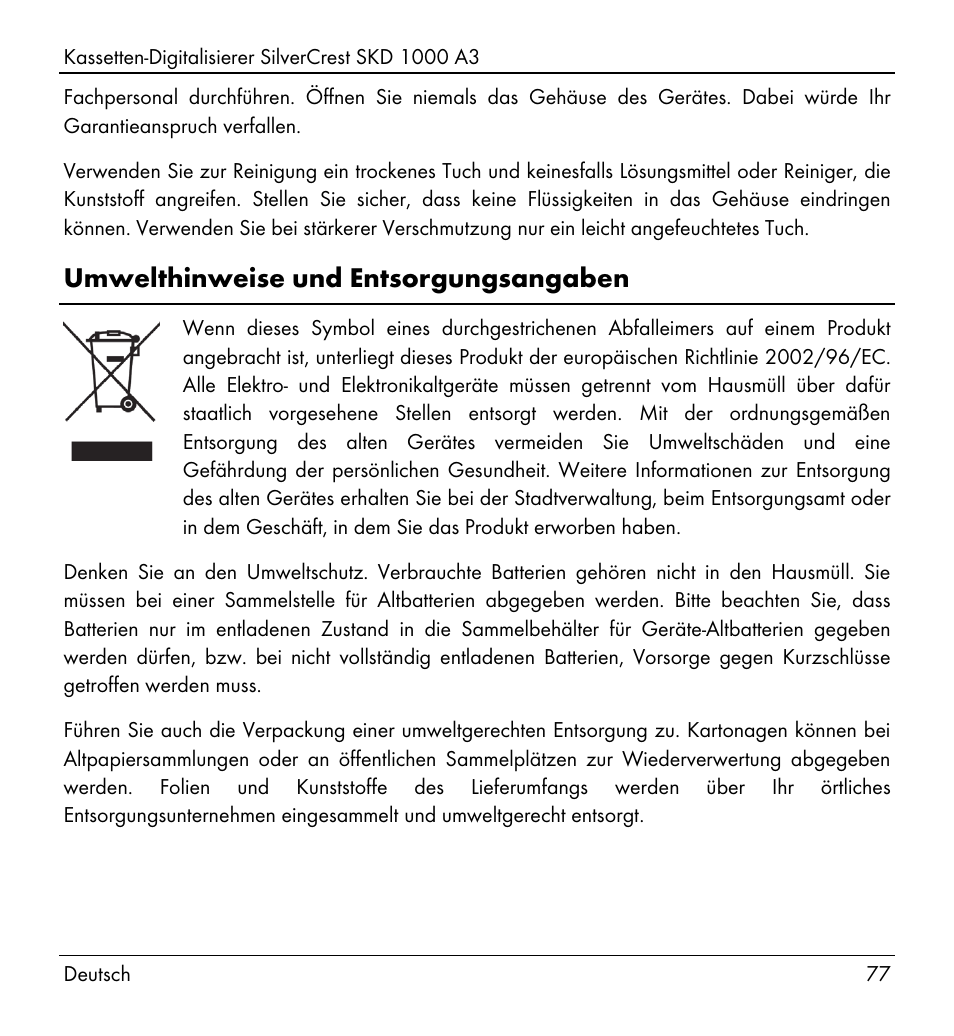 Umwelthinweise und entsorgungsangaben | Silvercrest SKD 1000 A3 User Manual | Page 79 / 110