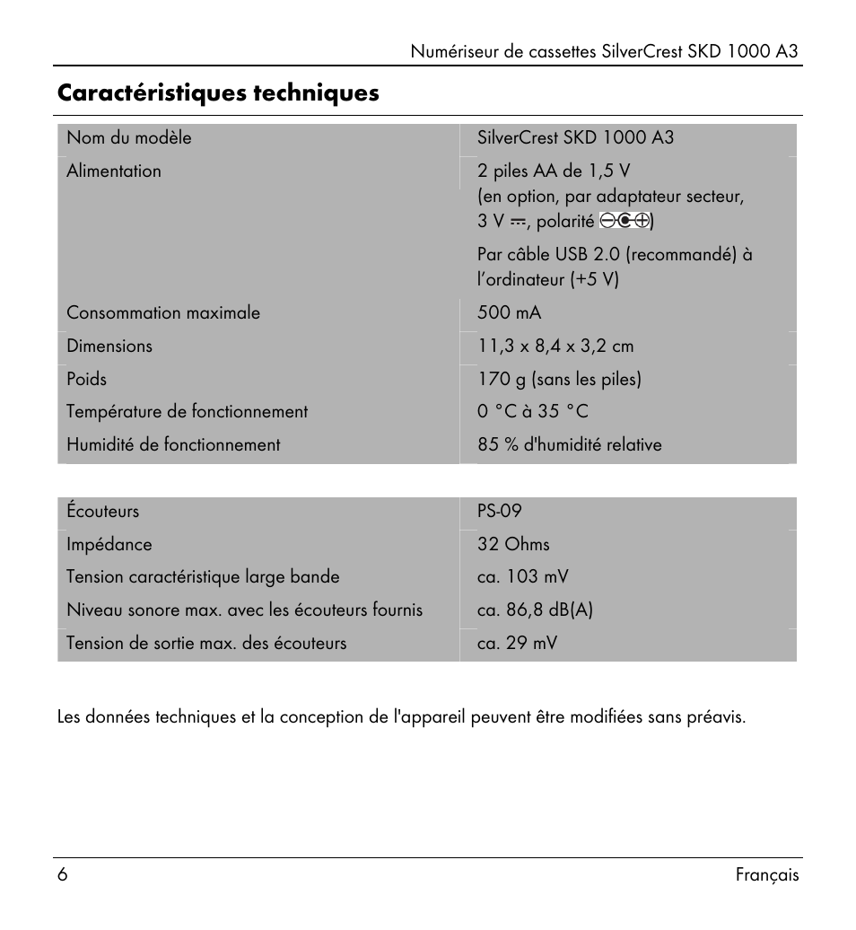 Caractéristiques techniques | Silvercrest SKD 1000 A3 User Manual | Page 8 / 110