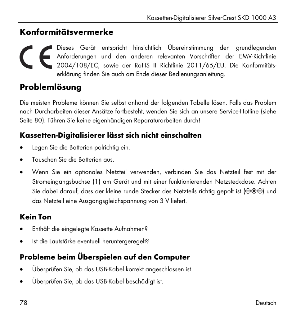 Konformitätsvermerke, Problemlösung | Silvercrest SKD 1000 A3 User Manual | Page 80 / 110