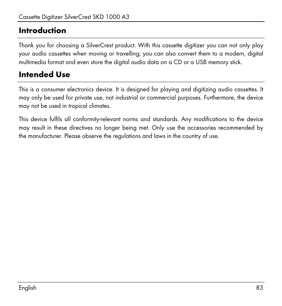 Introduction, Intended use | Silvercrest SKD 1000 A3 User Manual | Page 85 / 110