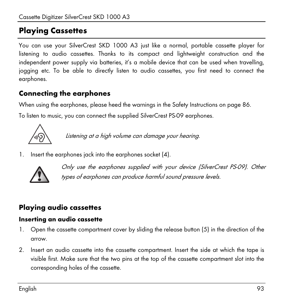 Playing cassettes | Silvercrest SKD 1000 A3 User Manual | Page 95 / 110