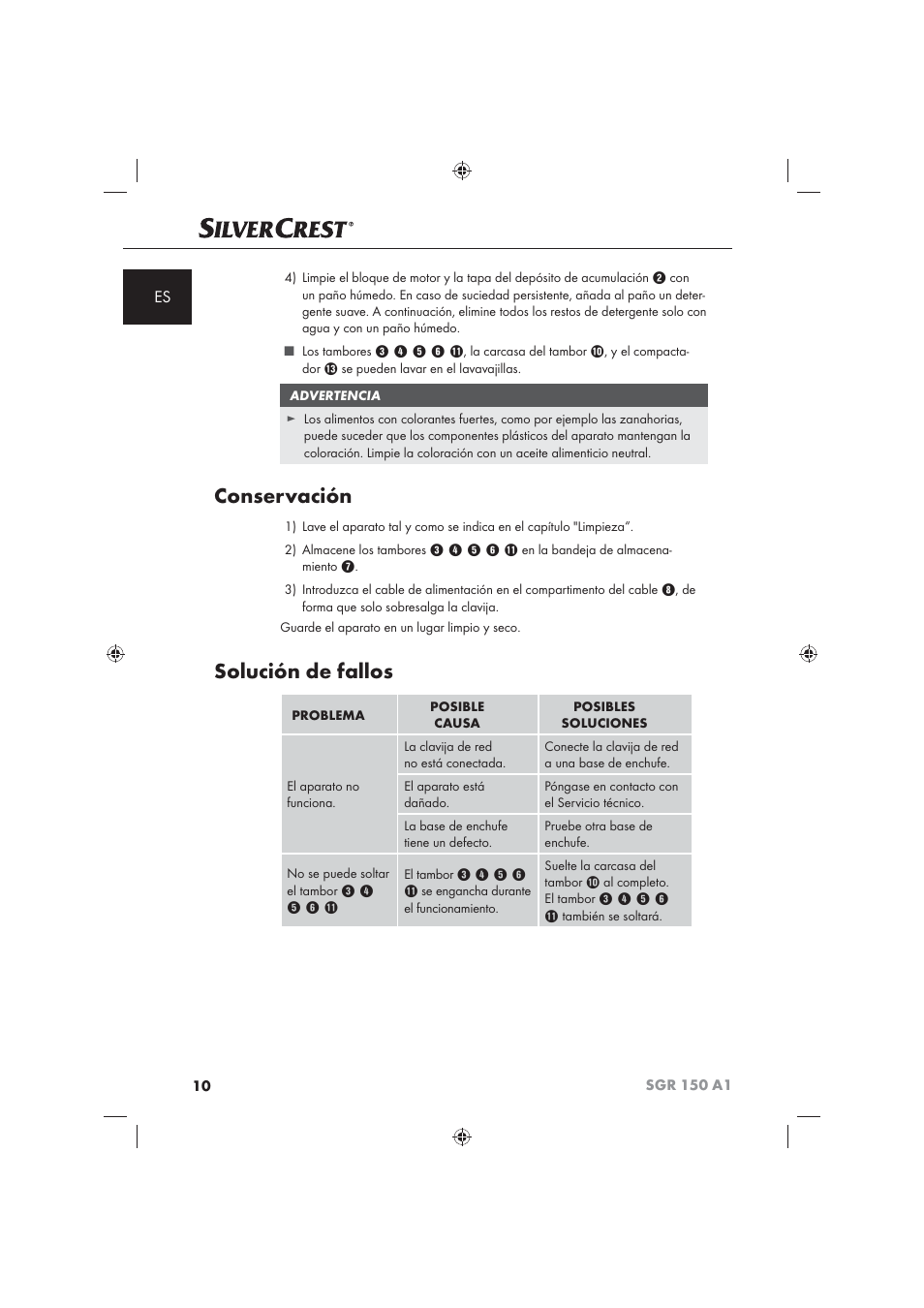 Conservación, Solución de fallos | Silvercrest SGR 150 A1 User Manual | Page 12 / 73