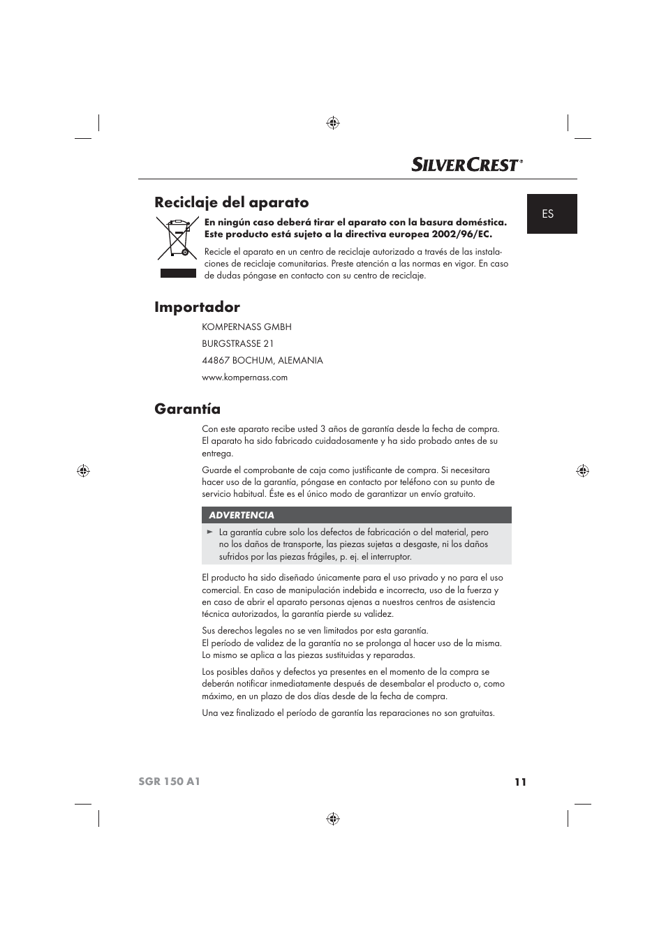 Reciclaje del aparato, Importador, Garantía | Silvercrest SGR 150 A1 User Manual | Page 13 / 73